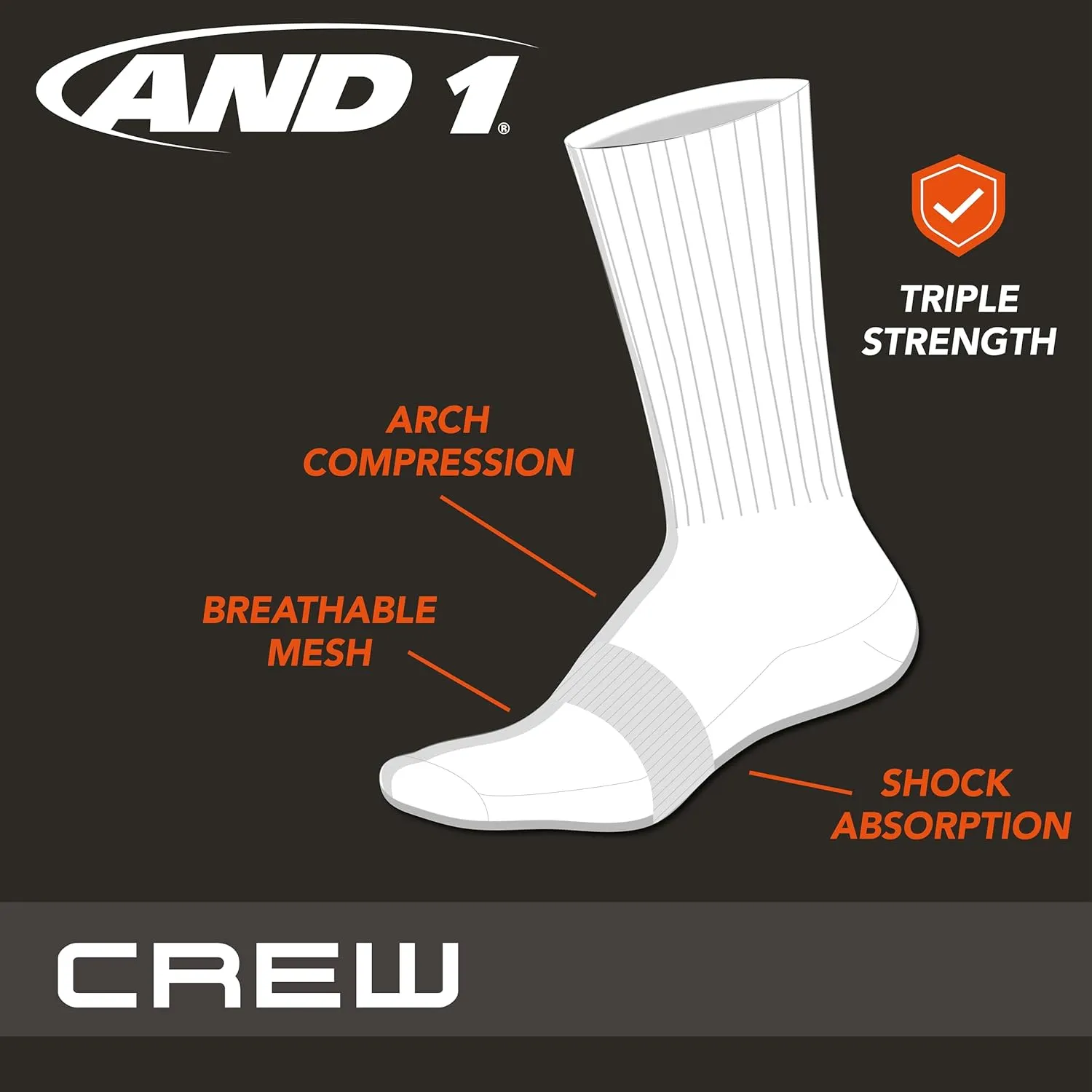 AND1 Men's Crew Socks - 12 Pack Performance Cushion Comfort Crew Socks - Breathable Athletic Socks for Men (6-12.5)