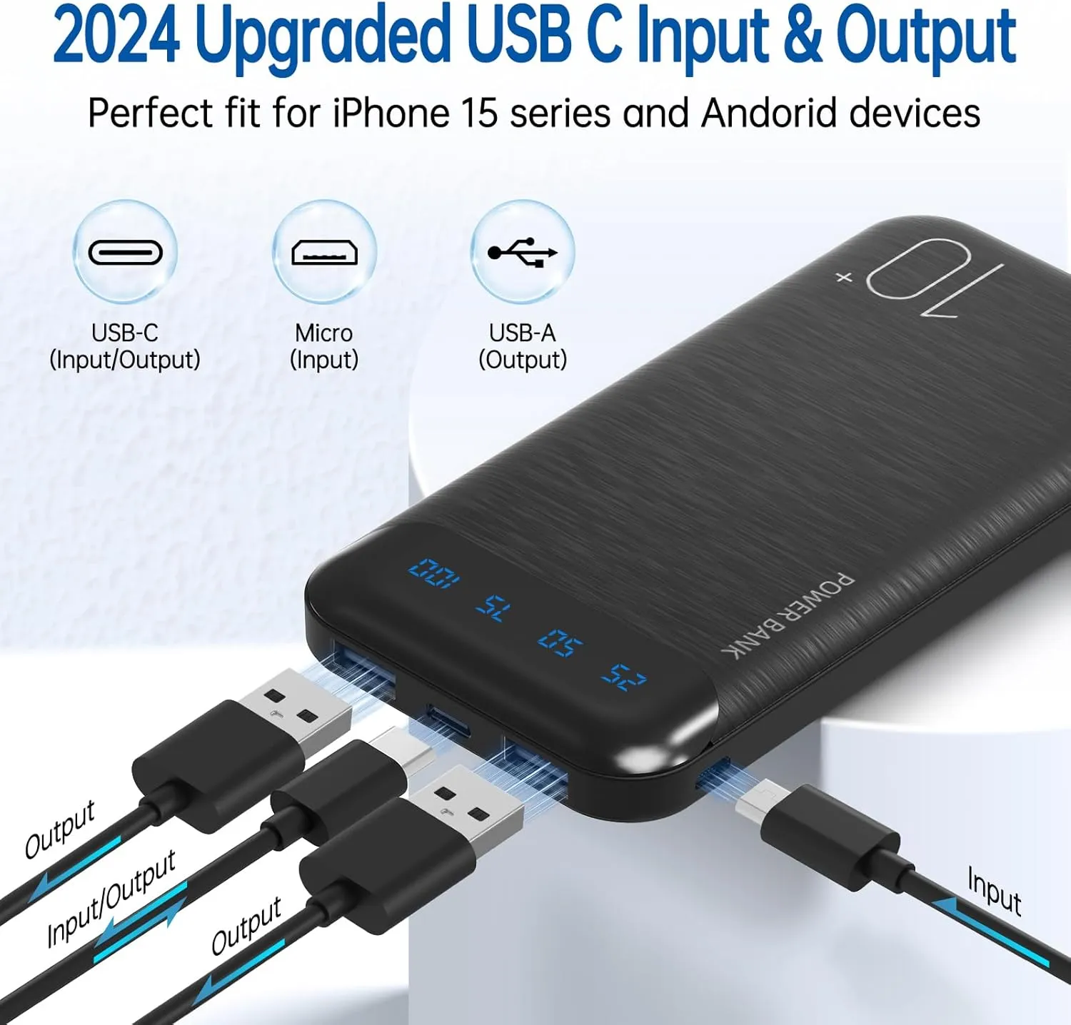 Power Bank 10000mAh Portable Charger Slim External Battery Pack with 2 USB 2.4A Outputs and USB C In/Out Compatible with Huawei iPhone 16 15 14 13 12 iPad Samsung Galaxy S20 Android Tablet (Black)